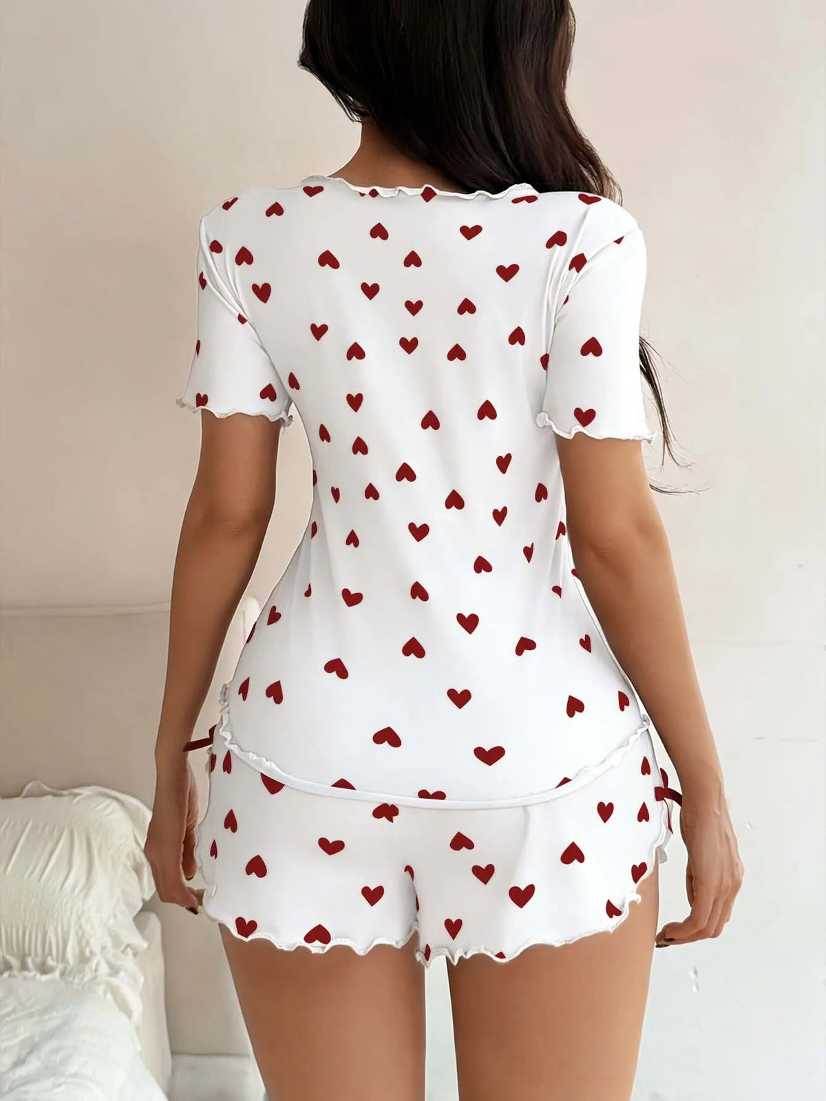 Pyjama d’Été Femme – Chemise et Short à Cœurs