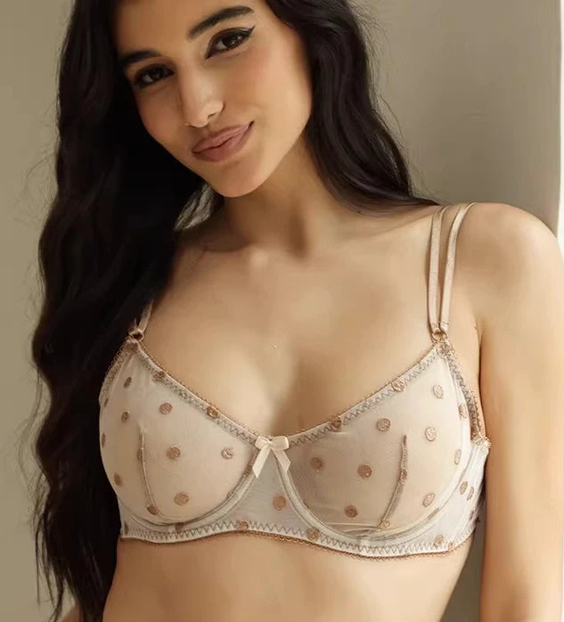 Ensemble de lingeries soutien-gorge sexy en dentelle à pois et résille et string pour femmes