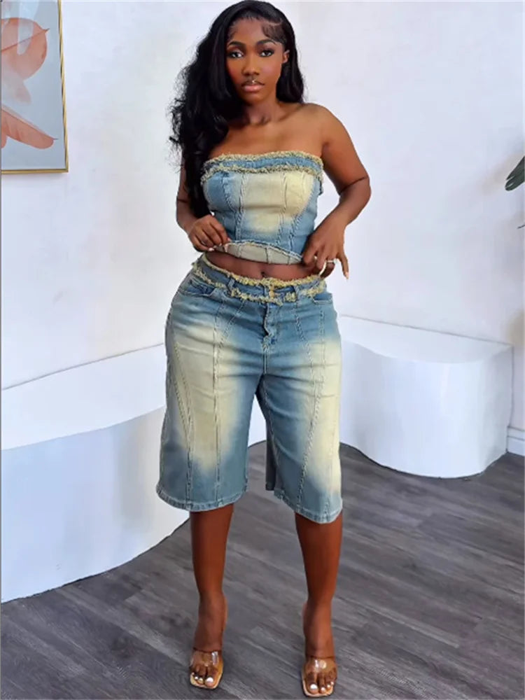 Ensemble 2 Pièce en jeans Shorts et top pour femmes