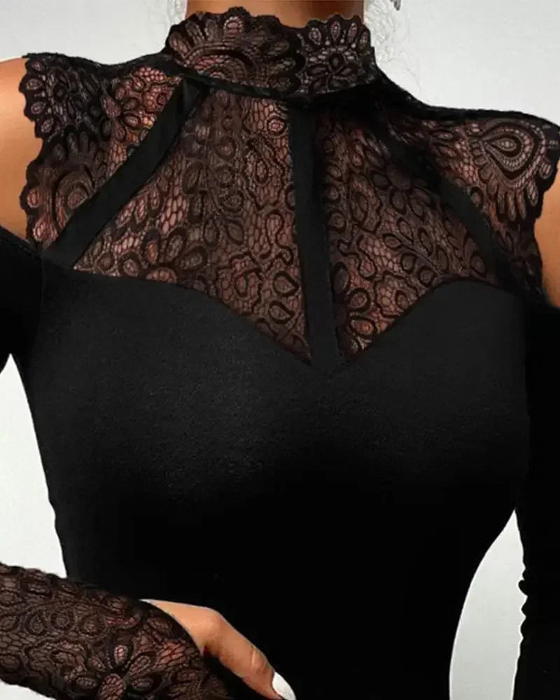 Body en dentelle contrastée à manches longues et épaules dénudées pour femmes
