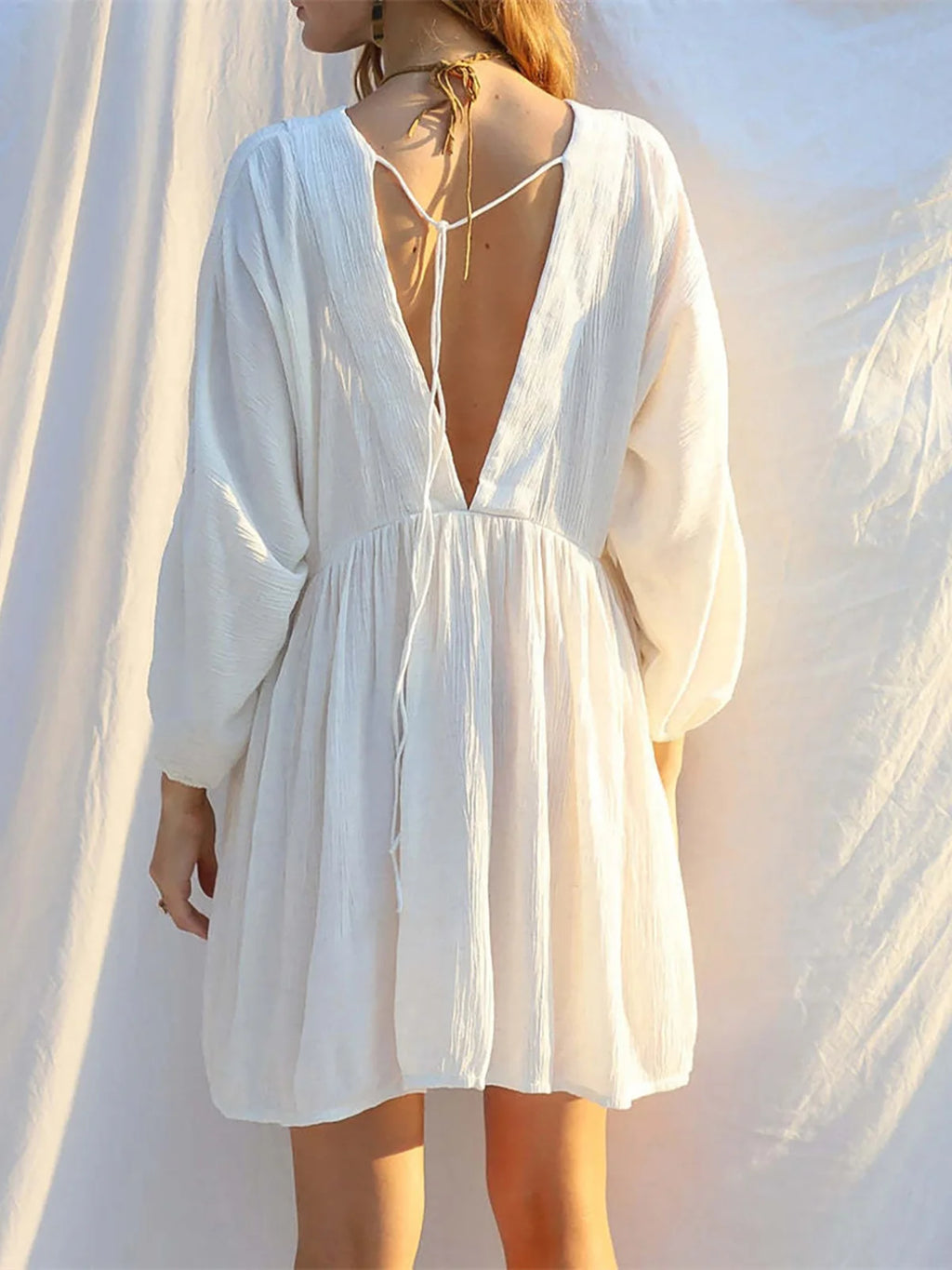 Robe de plage sexy à manches longues et col en V, dos nu, en coton, pour femmes