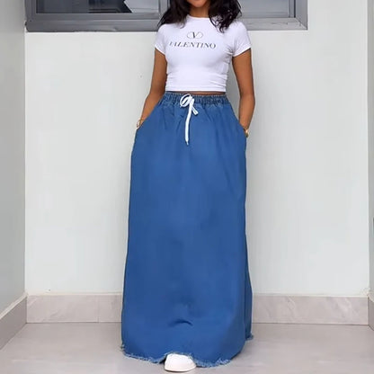Jupe femme longue en jean bleu rétro