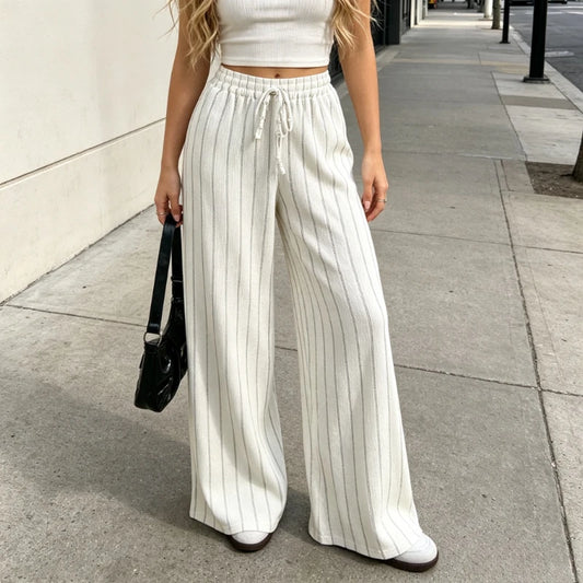 Pantalon Large Rayé Femme – Taille Haute