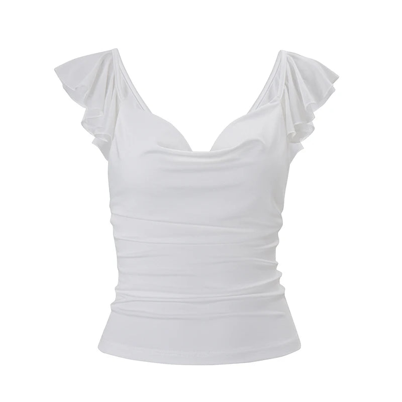 T-shirt Moulant Femme – Col et Manches à Volants