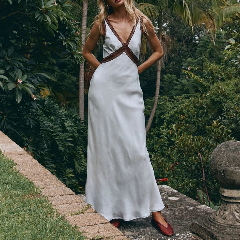 Robe longue en dentelle à col en V pour femmes