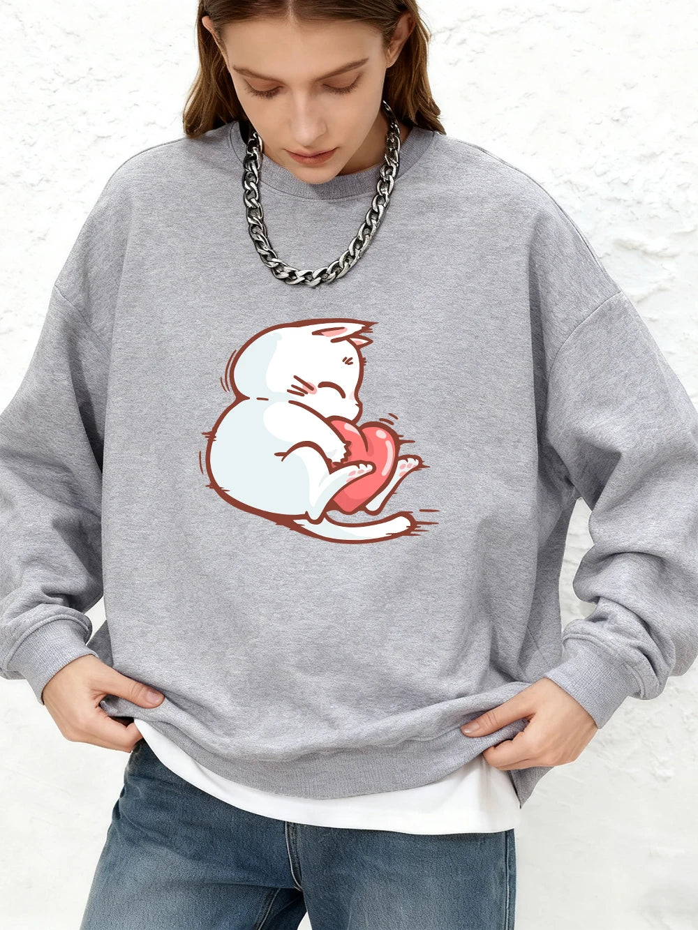 Sweat-shirt à imprimé chat et cœur rouge pour femmes