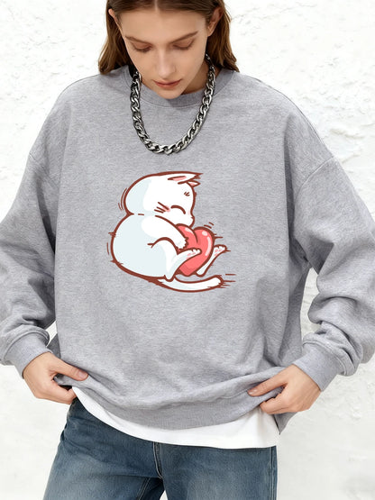 Sweat-Shirt Femme – Imprimé Chat et Cœur Rouge