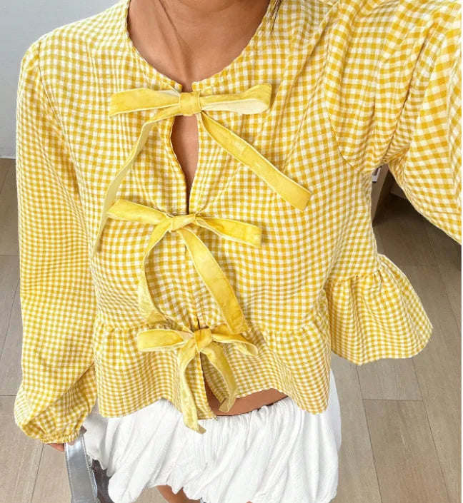Chemise Courte à Carreaux Femme – Manches Bouffantes