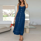 Robe vintage boutonnée à bretelles décontractées pour femmes
