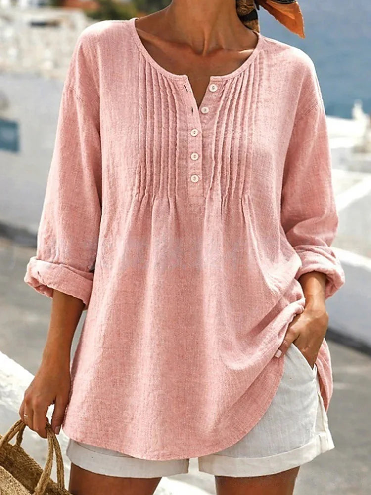 Chemisier Ample Femme – Coton et Lin, Col V Style Mori