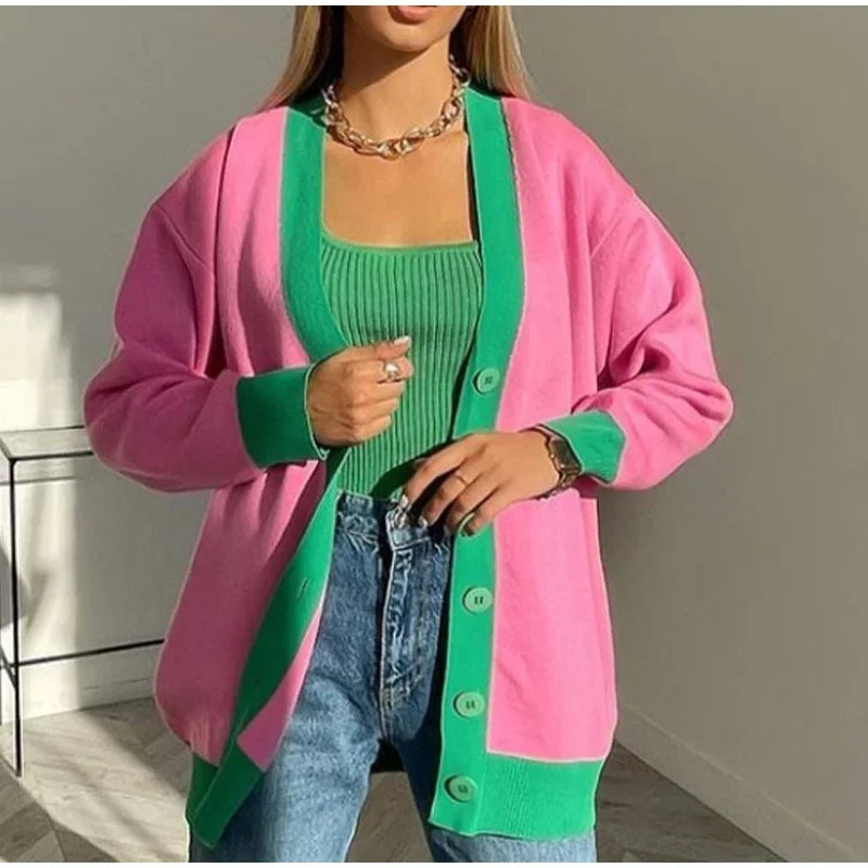 Gilet cardigan rose à rayures pour femmes