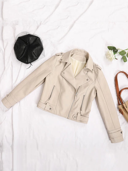 Veste biker femme beige en simili cuir
