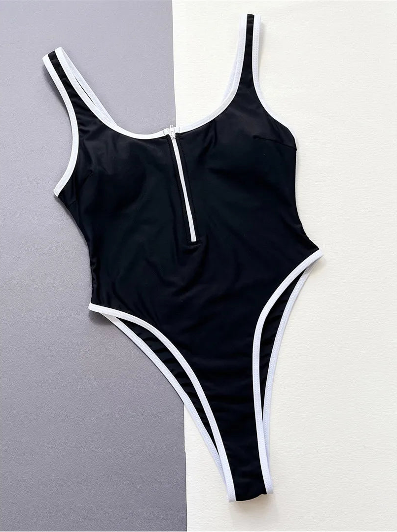 Maillots de bain une pièce jambe haute coupe fermeture éclair épissage pour femmes
