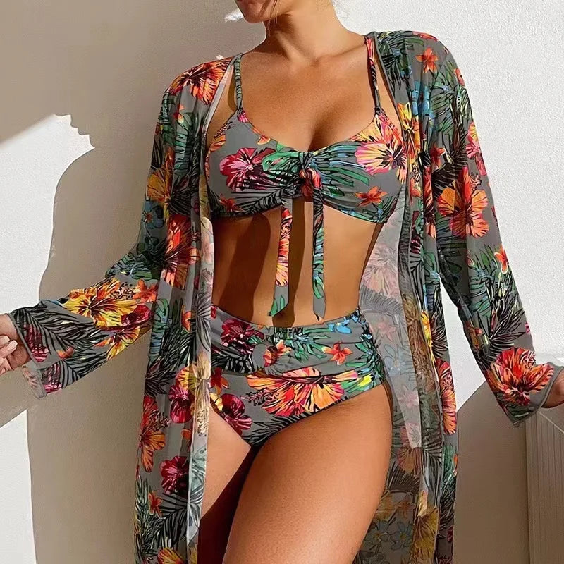 Maillot de bain trois pièces imprimé Floral, Sexy, taille haute, pour femmes