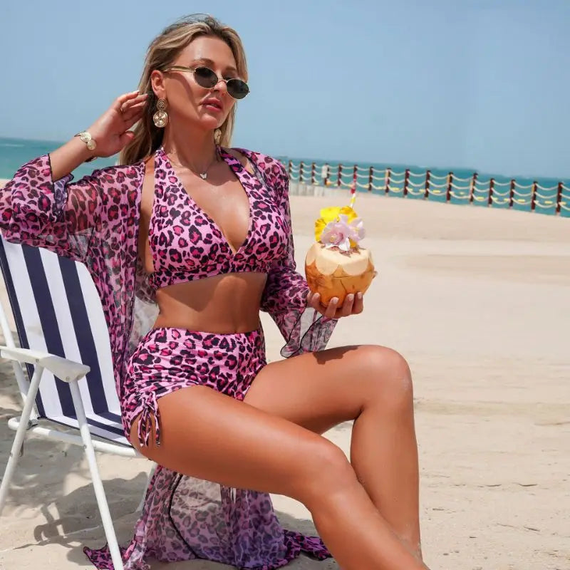 Ensemble maillot de bain 3 pièces à imprimé léopard pour femmes