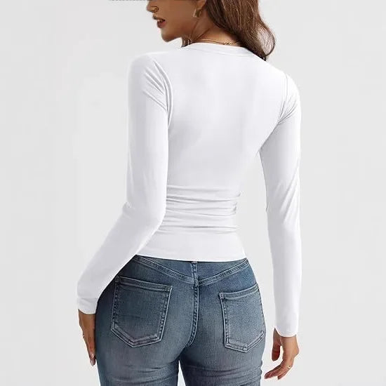 T-shirt décontracté à col en V et manches longues pour femmes