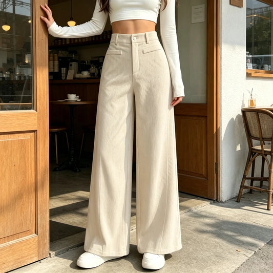 Pantalon Large Femme – Velours Côtelé et Taille Haute