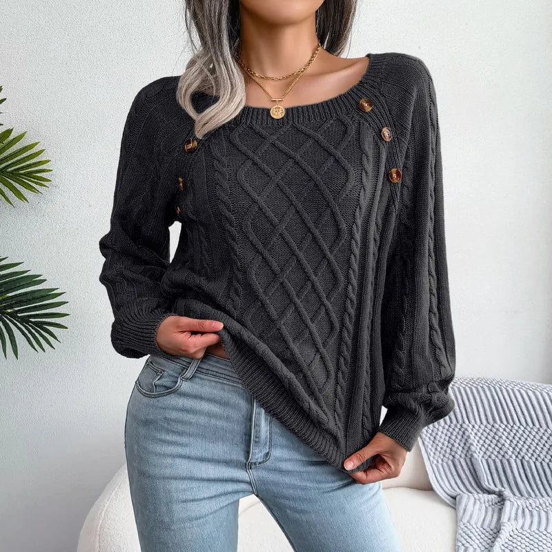 Pull Torsadé Femme – Col Carré Boutonné