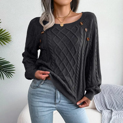 Pull Torsadé Femme – Col Carré Boutonné