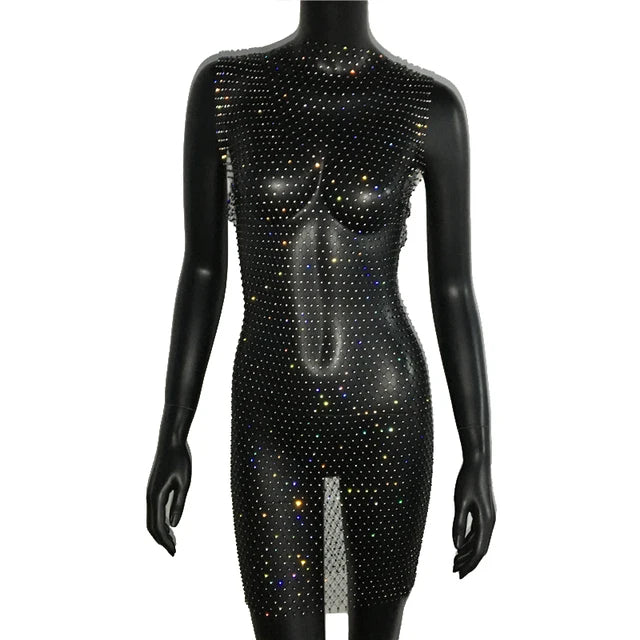 Robe de soirée en résille scintillante, strass, paillettes pour femmes