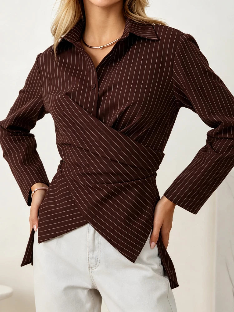 Chemise Rayée Femme – Col à Revers et Blocs de Couleurs