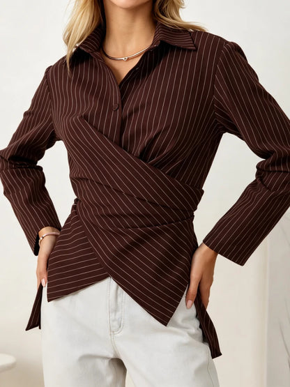 Chemise Rayée Femme – Col à Revers et Blocs de Couleurs