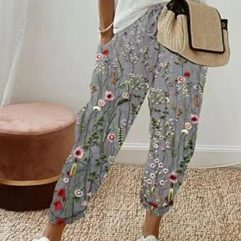 Pantalon vintage à imprimé floral pour femmes