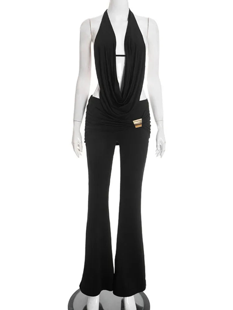 Ensemble pantalon long et haut court dos nu à col V pour femmes
