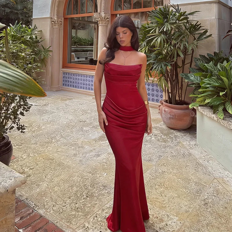 Robe longue plissée dos nu pour femmes