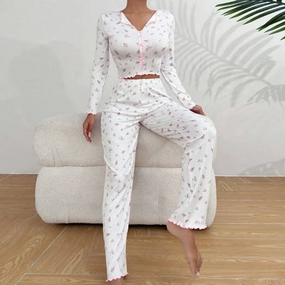 Pyjama Fleuri Femme – Haut Manches Longues et Pantalon