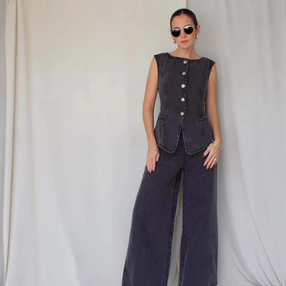 Ensemble gilet et pantalon en jean taille haute amincissant pour femmes