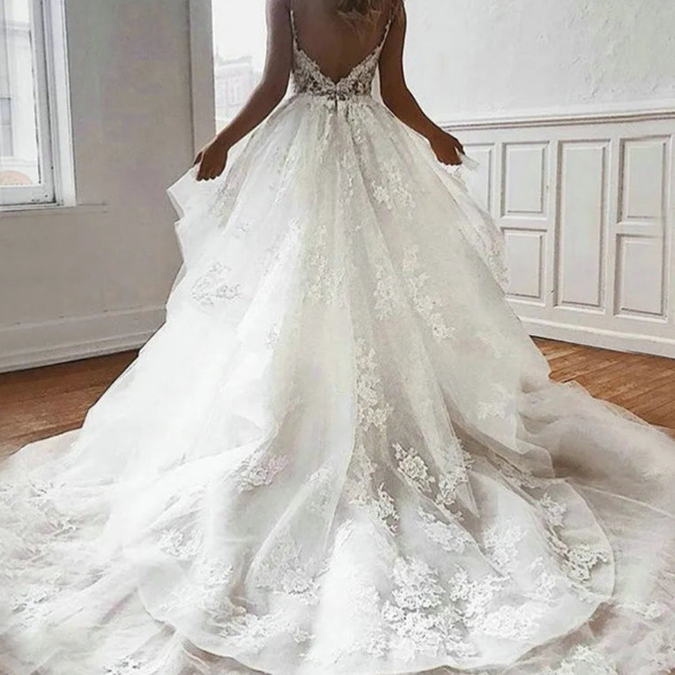 Robe de mariée blanche en tulle et bretelles spaghetti,pour femmes