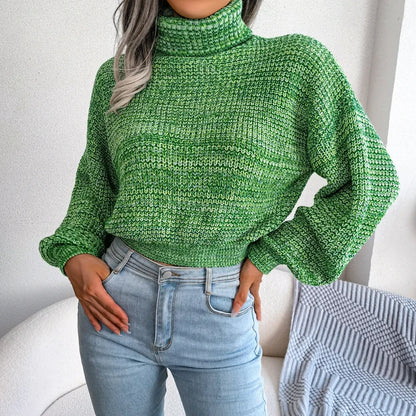 Pull Côtelé Femme – Col Roulé et Manches Lanterne