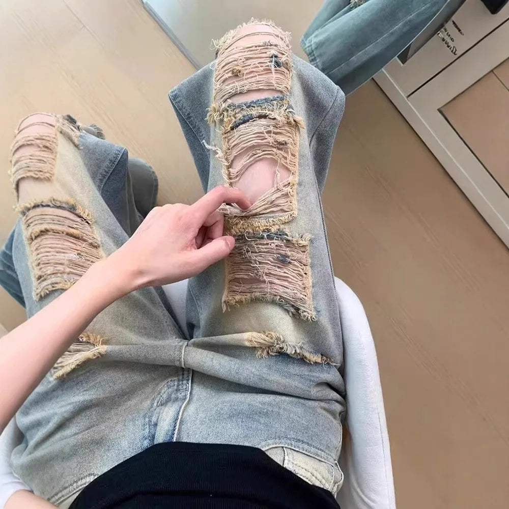 Jean déchiré taille haute à jambe large pour femmes