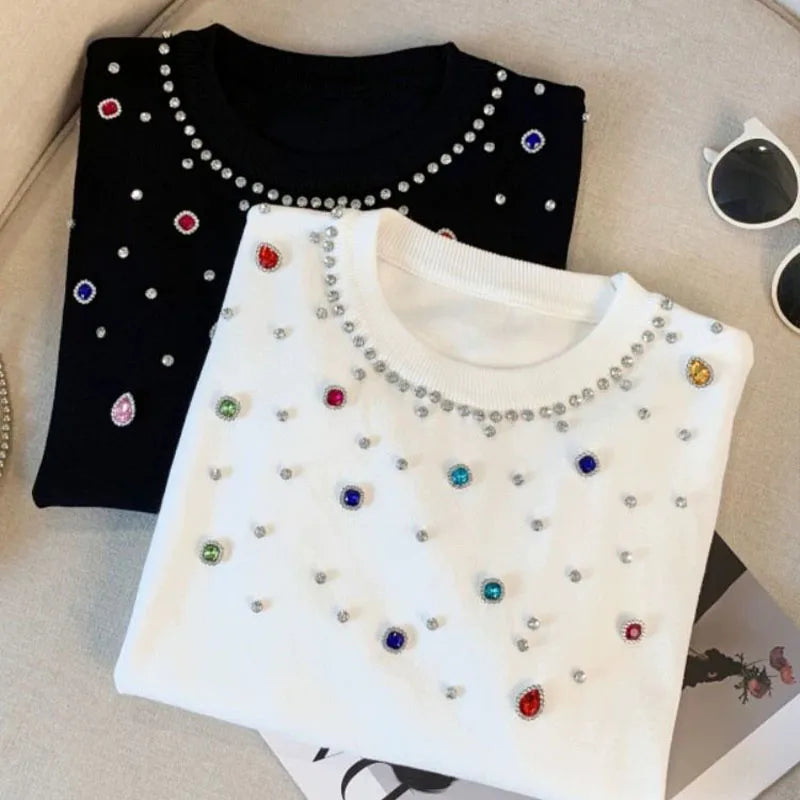 T-shirt à manches courtes et col rond à motif diamants colorés pour femmes
