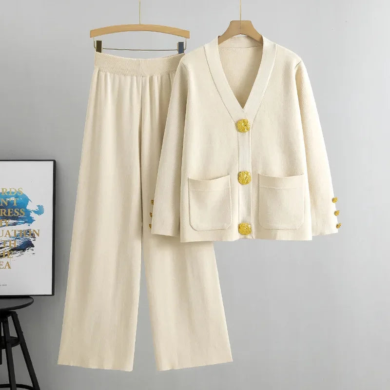 Ensembles de pulls en tricot et pantalon ample taille haute pour femmes