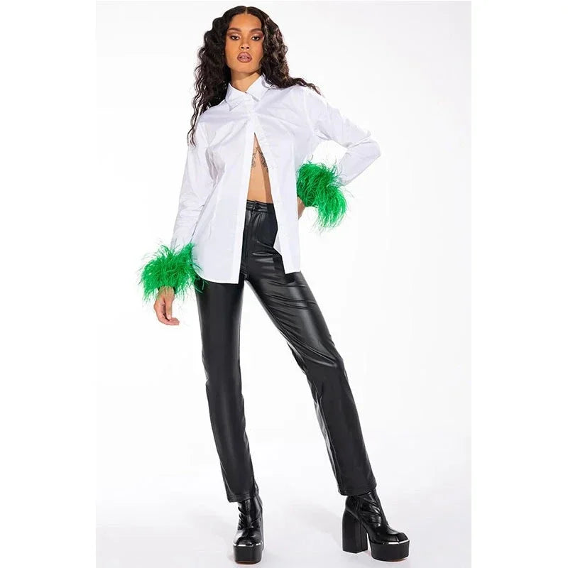 Pantalon Droit Taille Haute en Similicuir avec Poches
