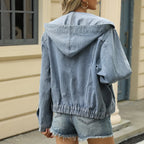 Veste en jean délavée à capuche vintage pour femmes