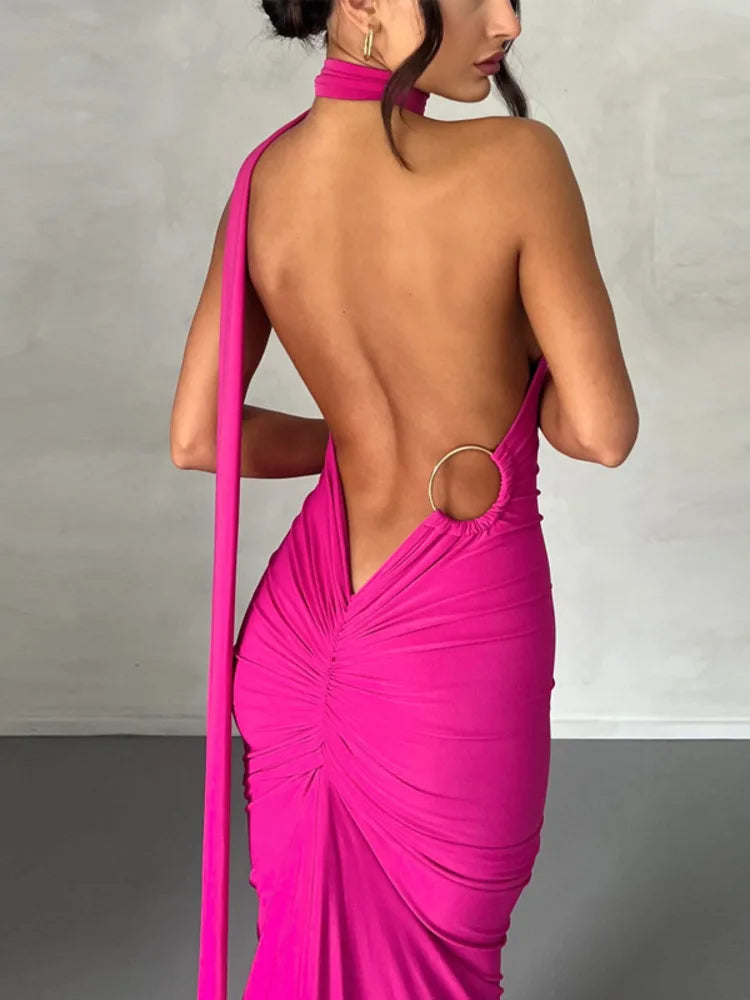 Robe longue dos nu à épaules obliques pour femmes