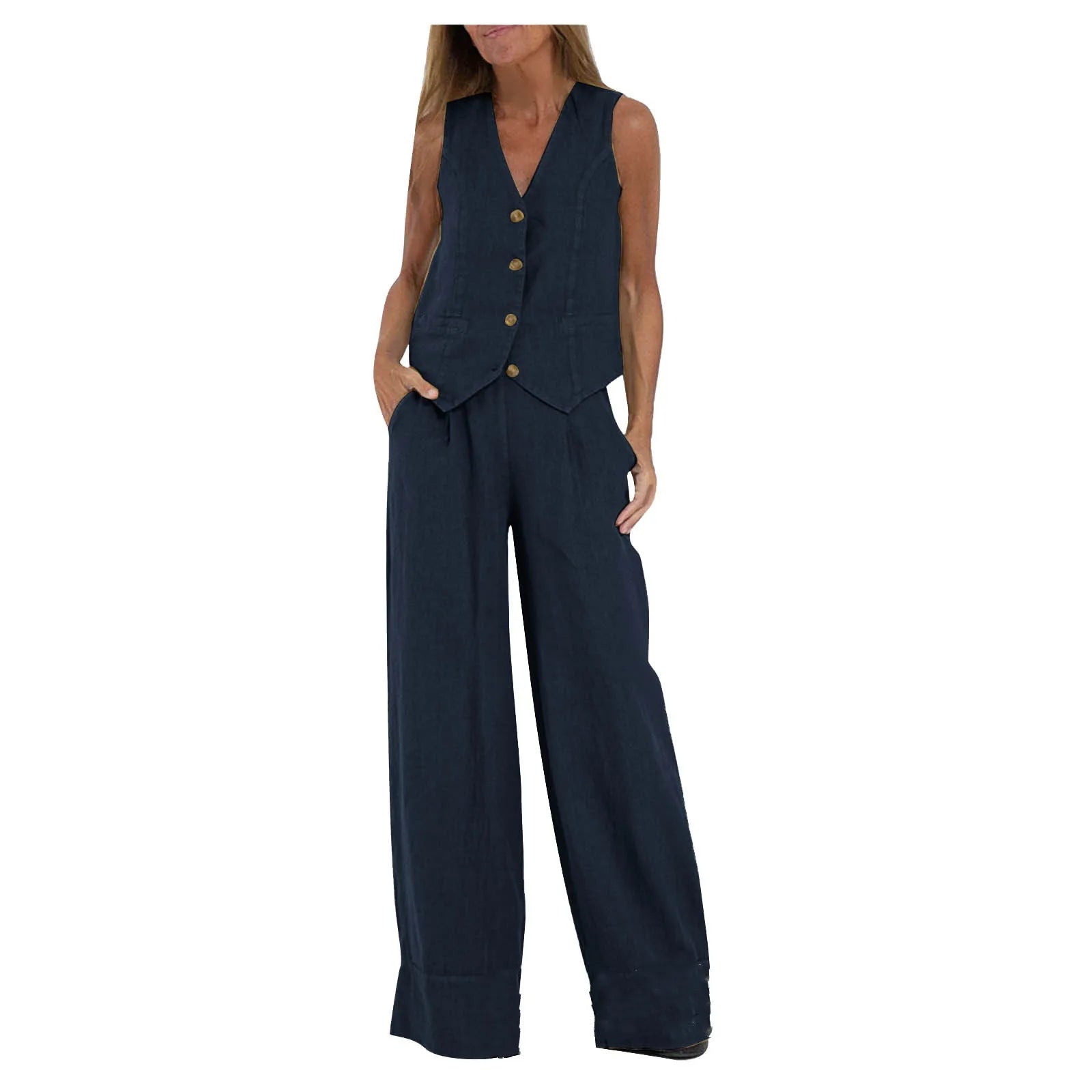 Ensemble deux pièces débardeur et pantalon en coton et lin pour femmes