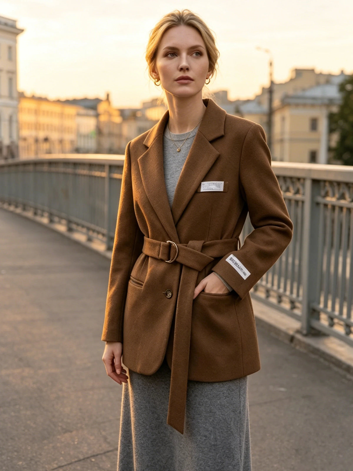 Manteau femme en laine mélangée avec ceinture