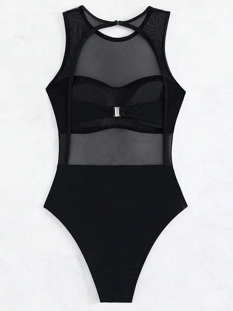 Maillot de bain une pièce transparent en maille noire, sexy, pour femmes