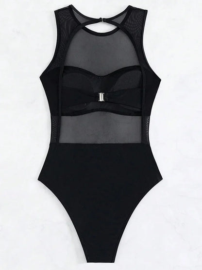 Maillot de Bain 1 Pièce Noir Femme – Maille Transparente