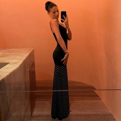 Robe longue femme à pois et fines bretelles