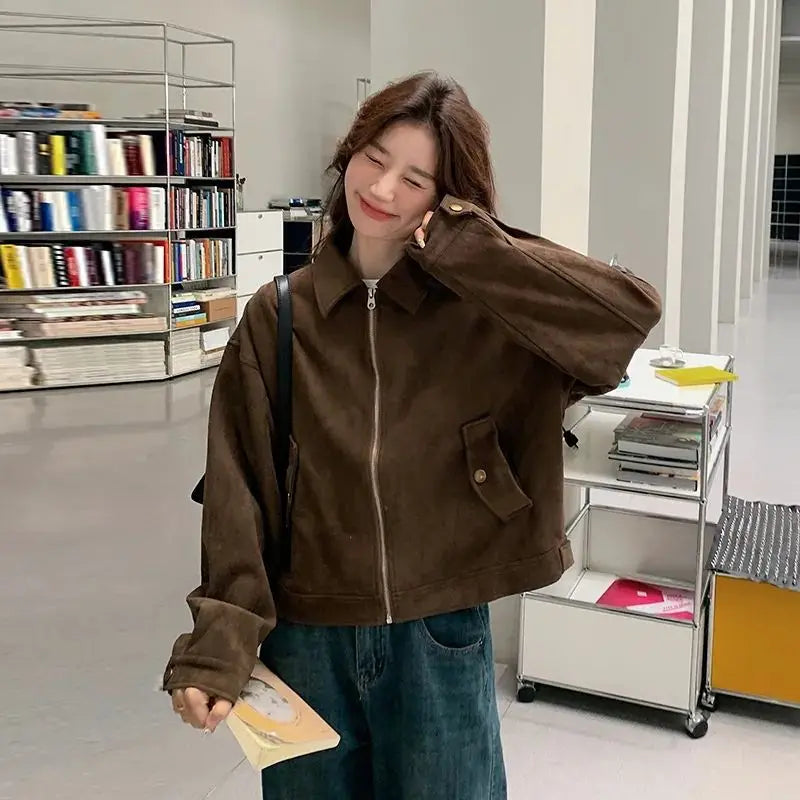 Veste courte en daim style coréen pour femmes