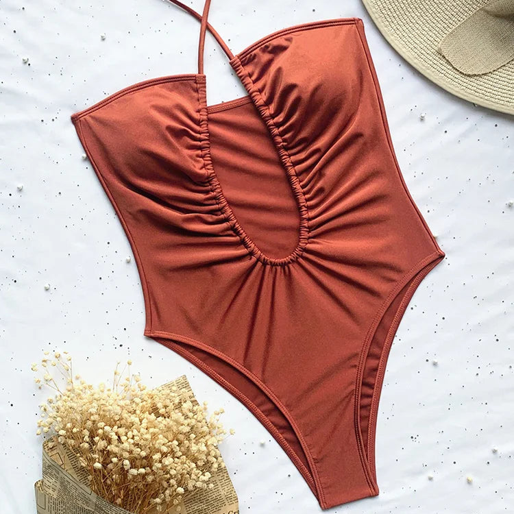 Maillot de bain une pièce avec décolleté plongeant en v et dos nu pour femmes