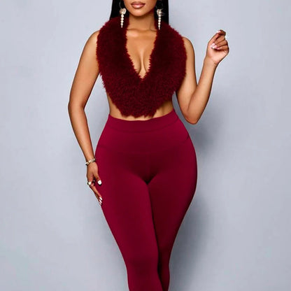 Ensemble femme 2 pièces en fausse fourrure et pantalon ajusté
