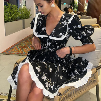 Robe d’Été Noire Femme – Imprimé et Col Claudine