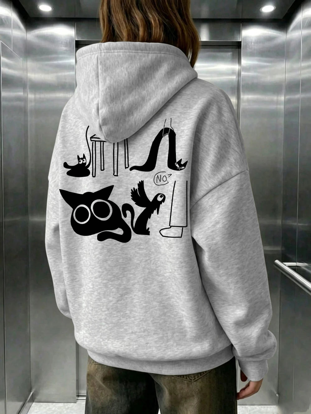 Sweat à capuche imprimé chat rigolo pour femmes