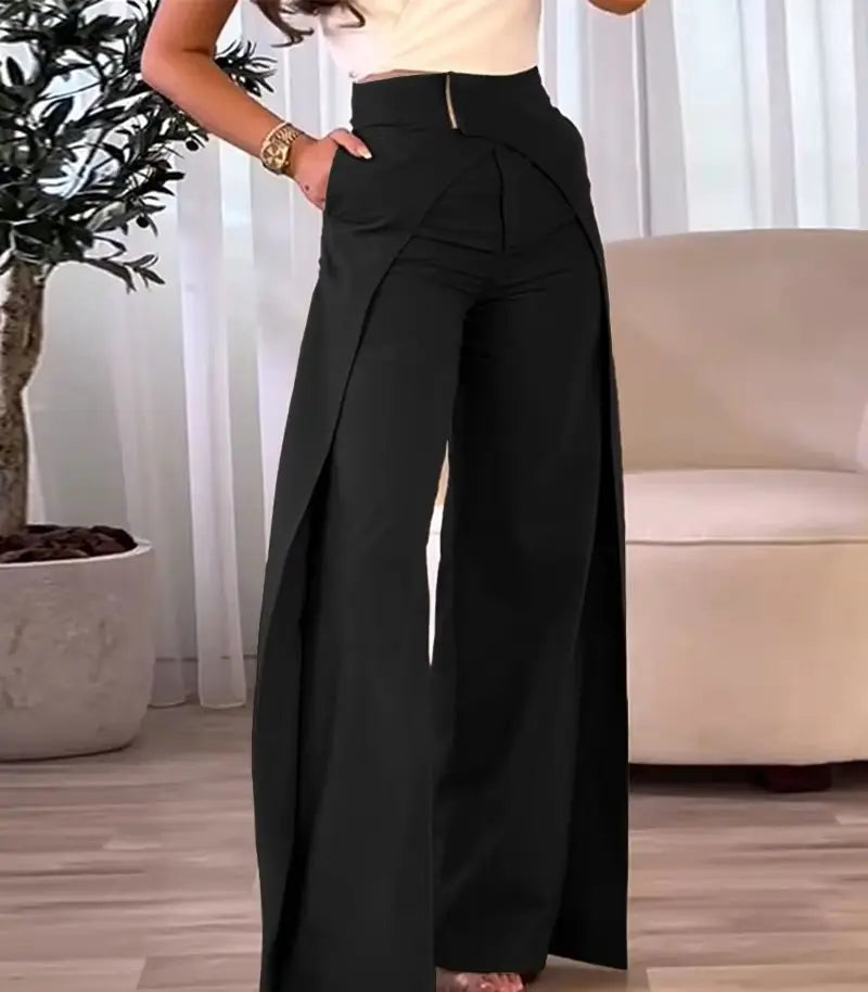 Pantalon large femme taille haute avec ceinture